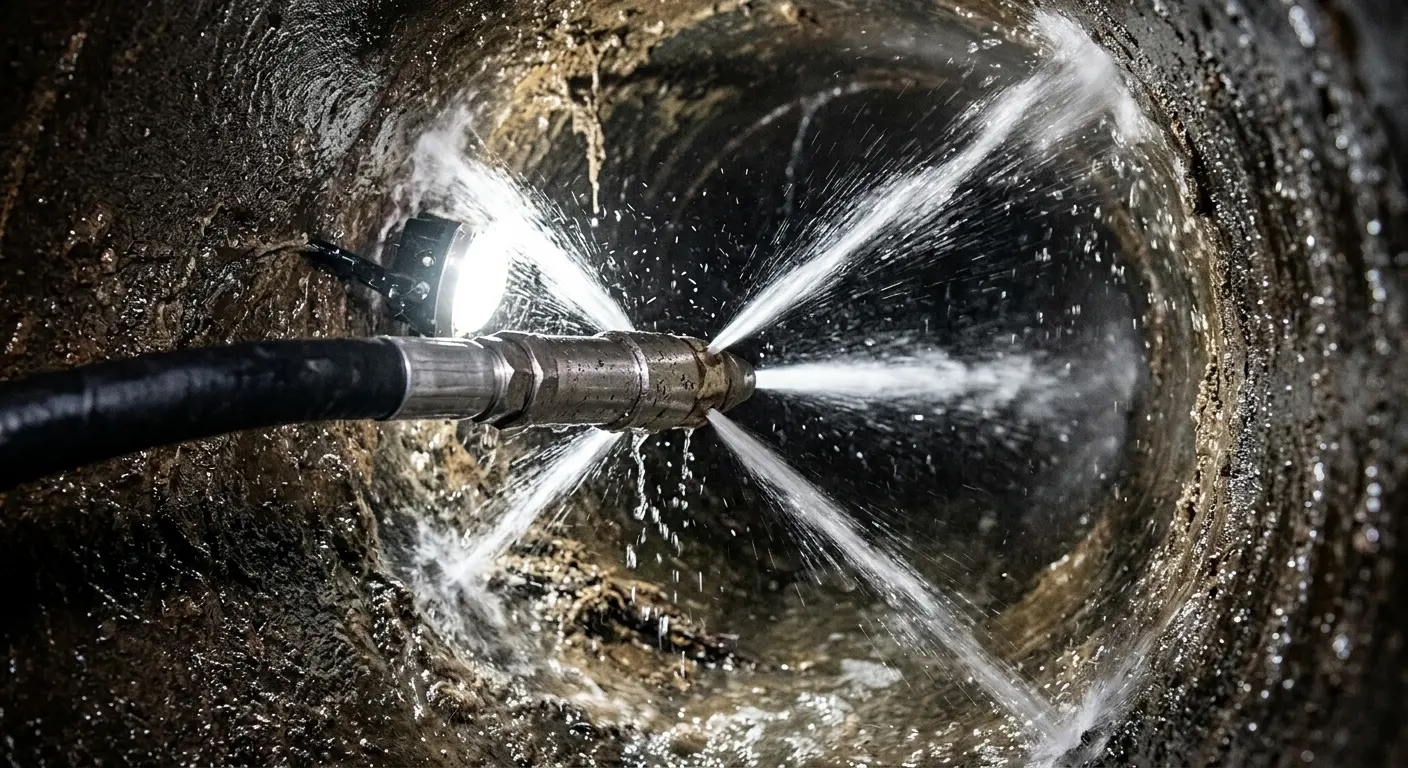 High-pressure hydro jetting nozzle cleaning sewer pipe for Sewer Cleanout in Hawthorne