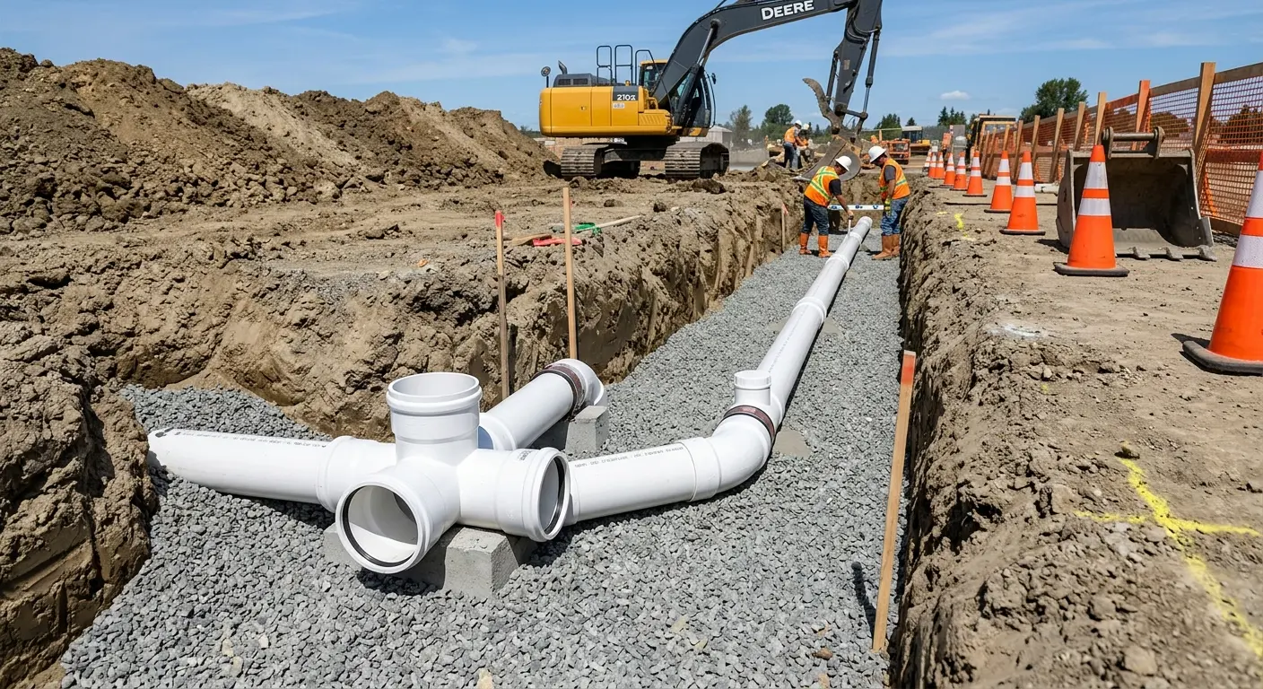 New PVC sewer pipe installation in open trench for Grease Trap Cleaning in Hawthorne