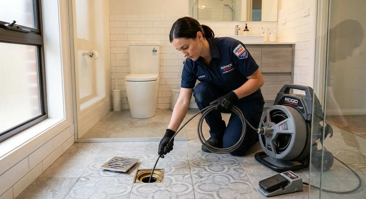 Technician clearing a bathroom floor drain for Drain Repair in Hawthorne